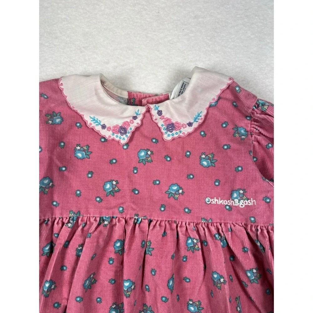 Vintage Oshkosh B'Gosh‎ Size 5 Pink Floral Corduroy Dress Eyelet Lace Trim